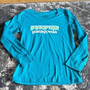Patagonia Kids size M (10)  Teal Long Sleeve Logo Top with Multicolor Stripe